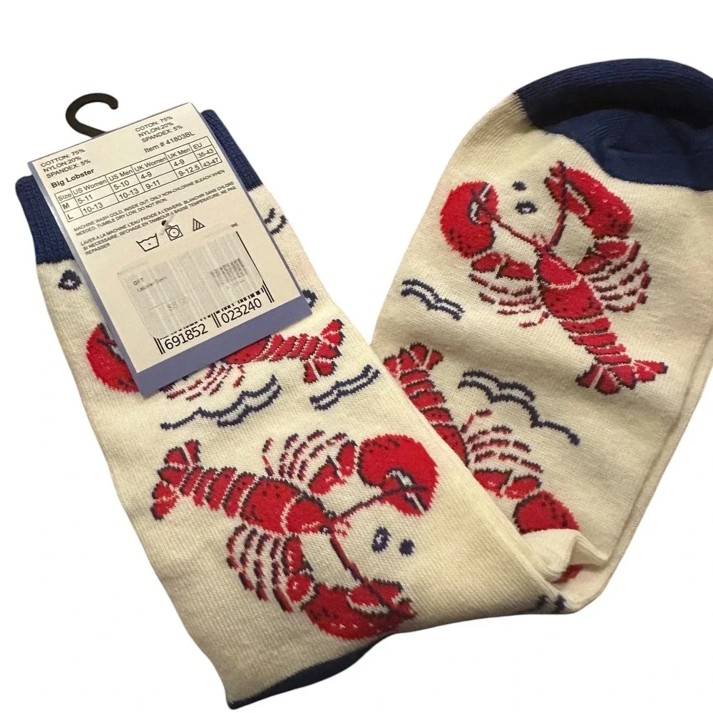 Seaside Decor Big Lobster Crew Socks Nautical Red Blue Cream Size L New